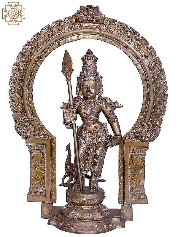 30" Standing Lord Karttikeya Panchaloha Bronze Statue with Kirtimukha Throne