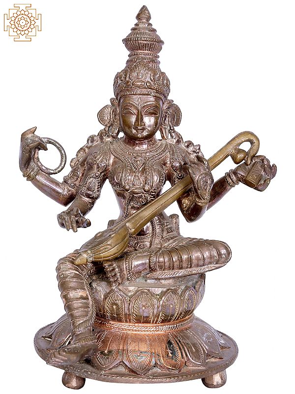 10" Sitting Goddess Saraswati Sculpture | Madhuchista Vidhana (Lost-Wax) | Panchaloha Bronze from Swamimalai