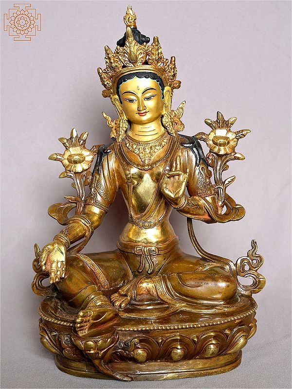 13" Goddess Green Tara Copper Statue Gilded with Gold from Nepal