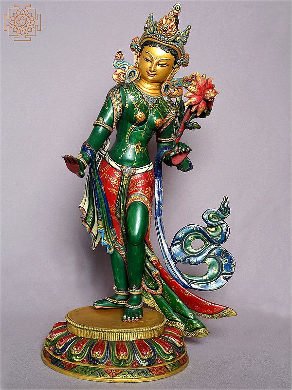 16" Standing Goddess Green Tara Gilded Copper Statue from Nepal