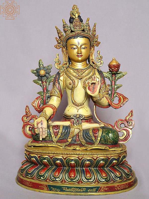 13" Colorful Buddhist Goddess White Tara Idol | Copper Statue from Nepal