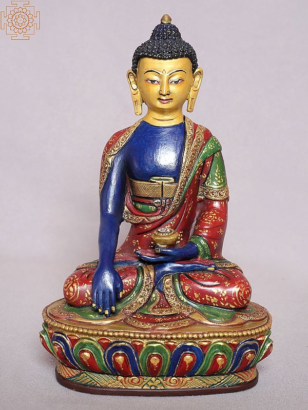 8" Colorful Shakyamuni Buddha Idol from Nepal | Copper Gilded with Gold