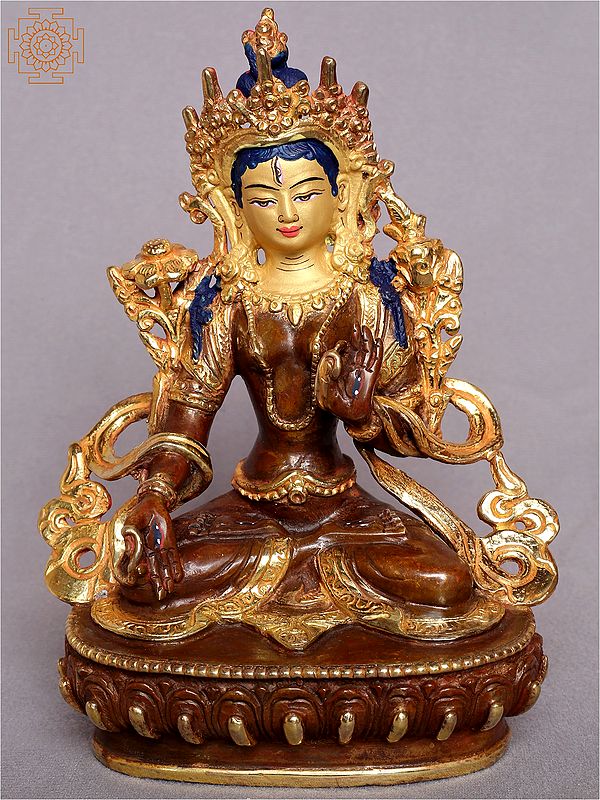 6" Sitting Goddess White Tara Gilded Copper Statue from Nepal