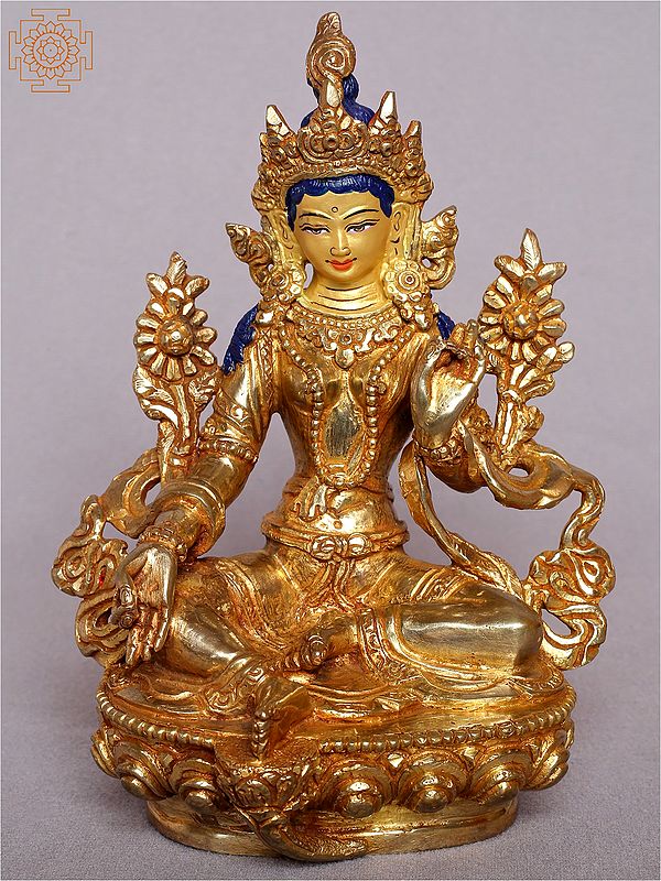 6" Goddess Green Tara Statue from Nepal | Copper Gilded with Gold