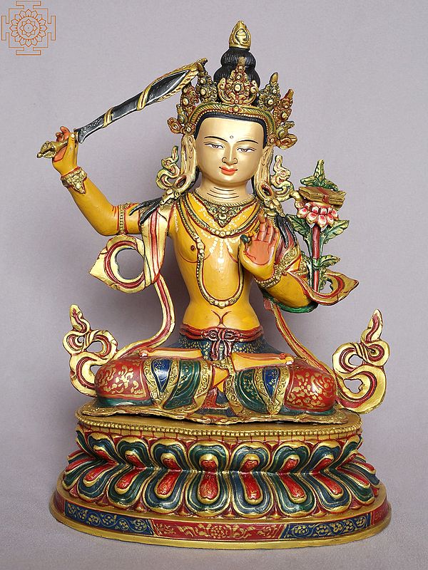 13" Colorful Manjushri Gilded Copper Statue from Nepal