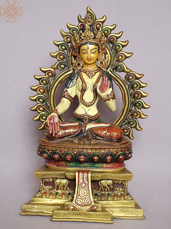 12" Goddess White Tara Idol Seated on Throne | Gilded Copper Statue from Nepal