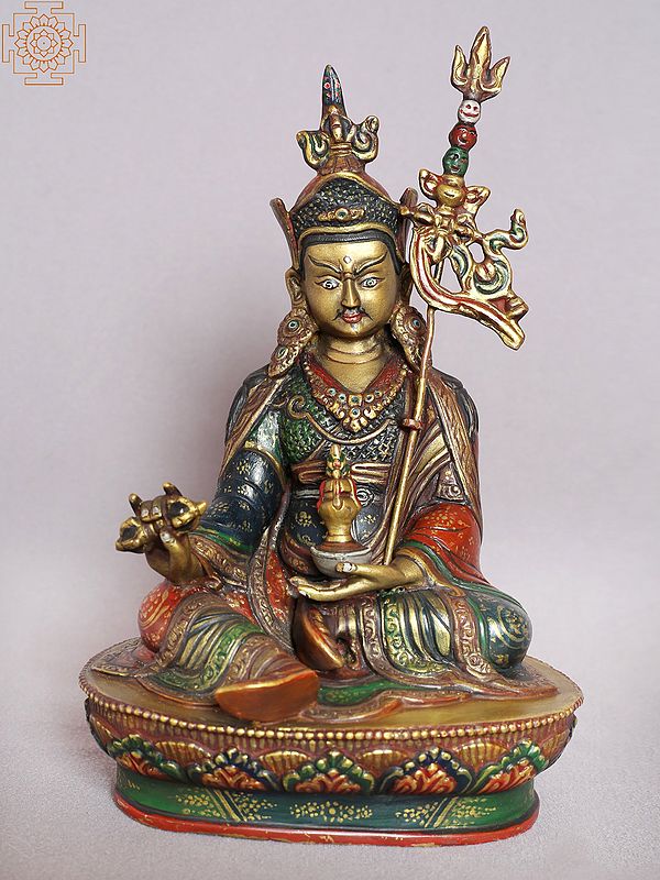 9" Colorful Guru Padmasambhava Idol from Nepal | Copper Gilded with Gold