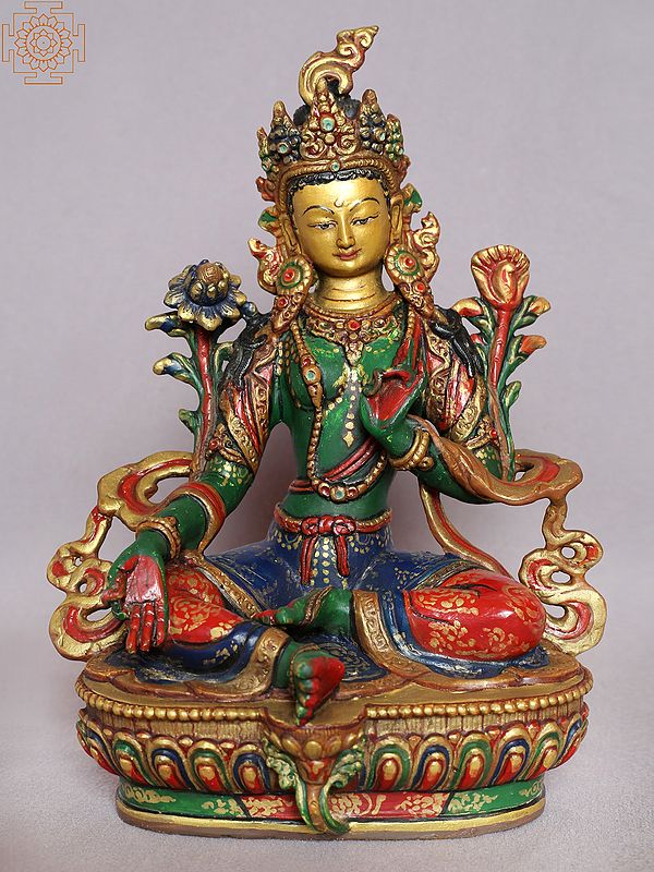 9" Colorful Buddhist Goddess Green Tara Idol from Nepal | Gilded Copper Statue