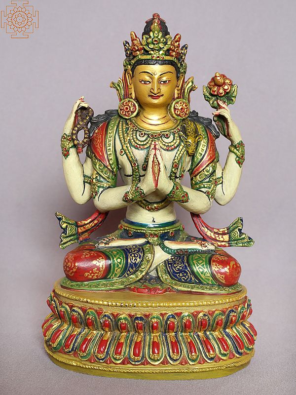 9" Colorful Buddhist Deity Chenrezig Gilded Copper Statue from Nepal