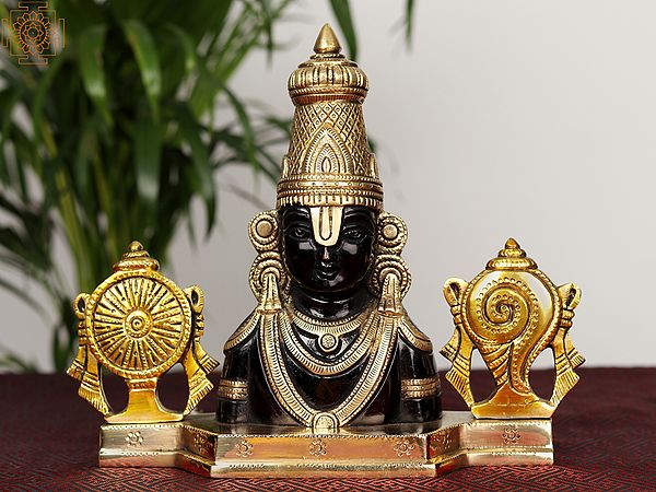 10" Brass Tirupati Balaji Bust with Chakra & Conch