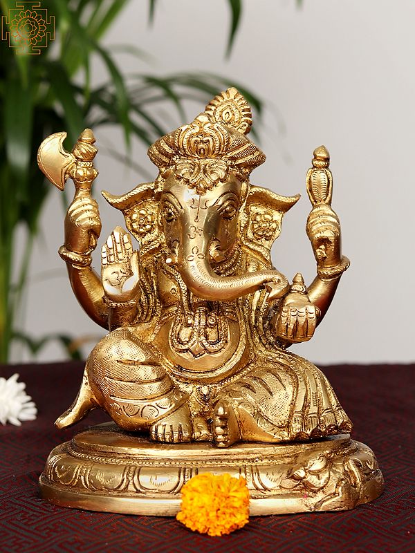 7" Brass Sitting Four Armed Lord Ganesha
