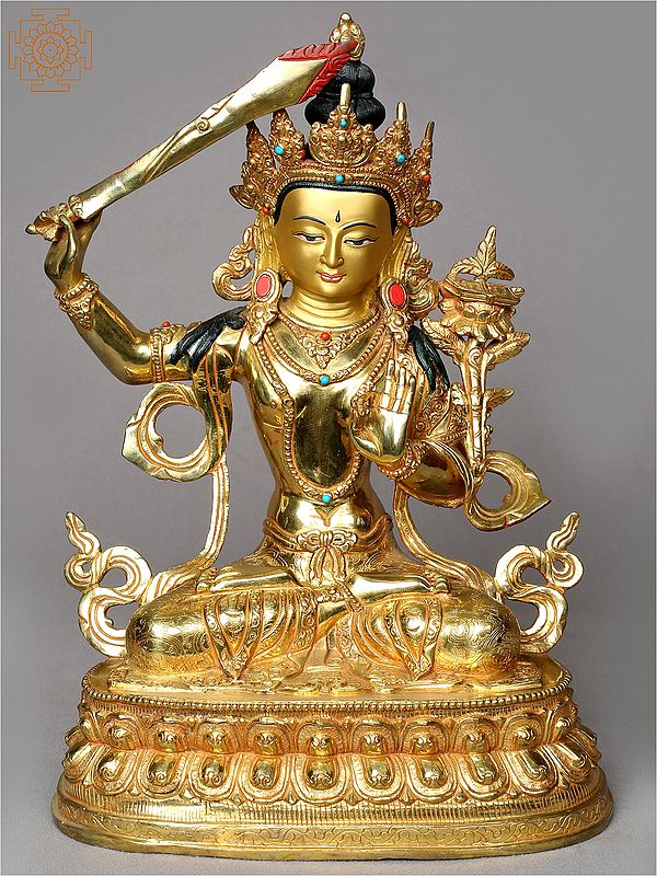 13" Buddhist Deity Manjushri Idol from Nepal | Copper Statue Gilded with Gold