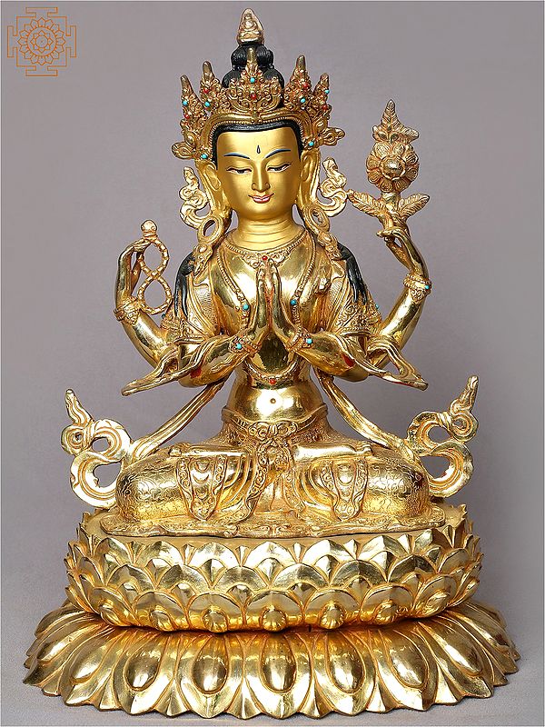 13" Bodhisattva Chenrezig Gilded Copper Statue from Nepal