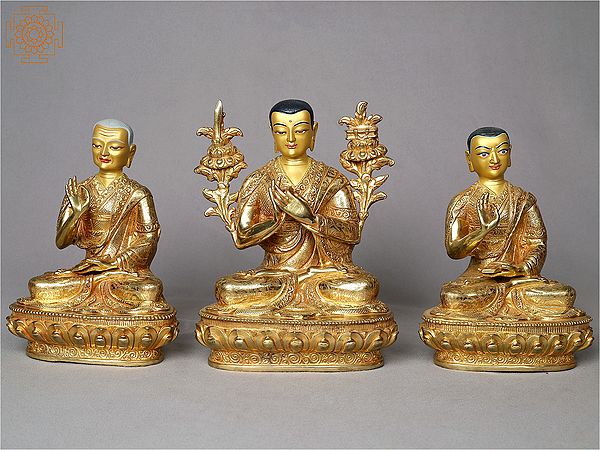 8.5" Tsongkhapa and His Disciples | Gilded Copper Statue from Nepal