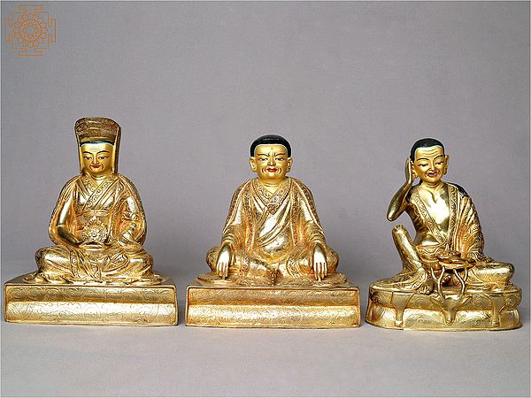 8" Tibetan Buddhist Gurus - Gampopa, Milarepa, and Marpha | Gilded Copper Statue from Nepal