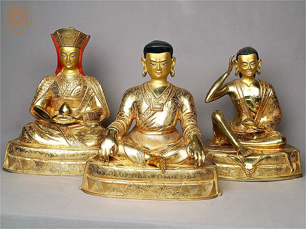 15" Set of Three Tibetan Buddhist Gurus - Gampopa, Milarepa and Marpha From Nepal