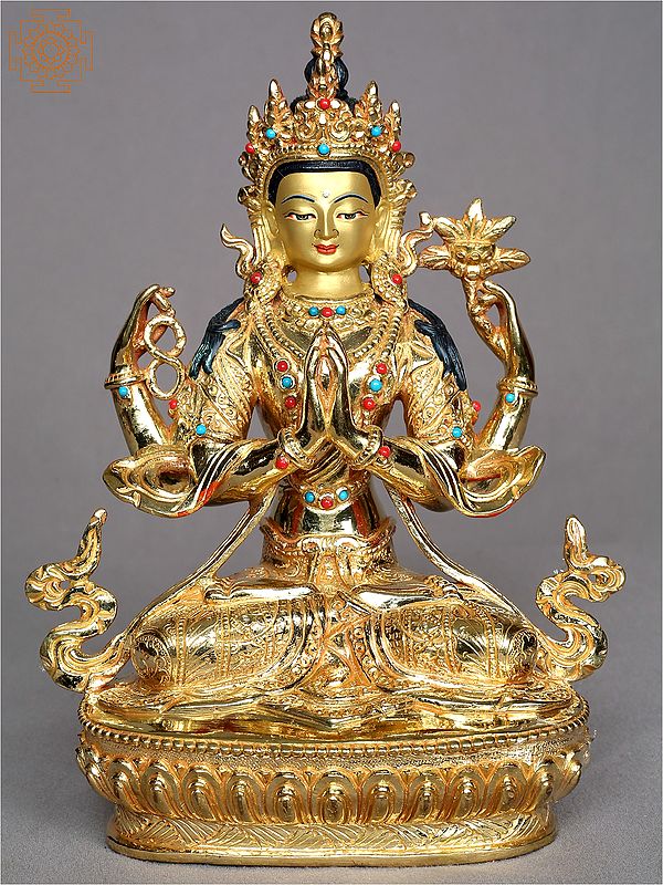 9" Chenrezig (Avalokiteshvara) Idol from Nepal | Copper Statue Gilded with Gold