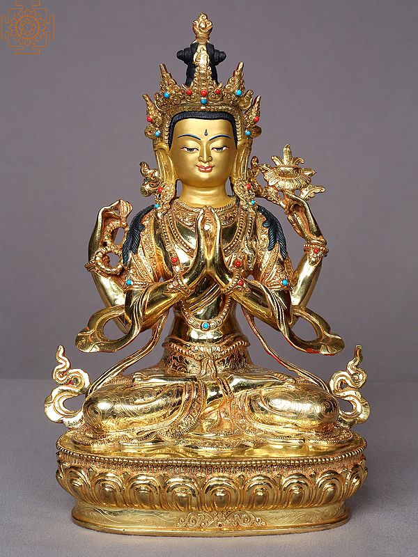 13" Gilded Copper Chenrezig Statue (Avalokiteshvara) From Nepal