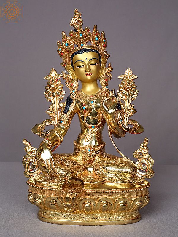 13" Goddess Green Tara Statue From Nepal | Gilded Copper Idols