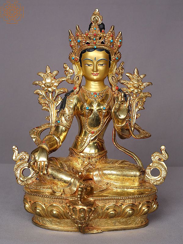 13" Goddess Green Tara Idol | Gilded Copper Nepalese Statue