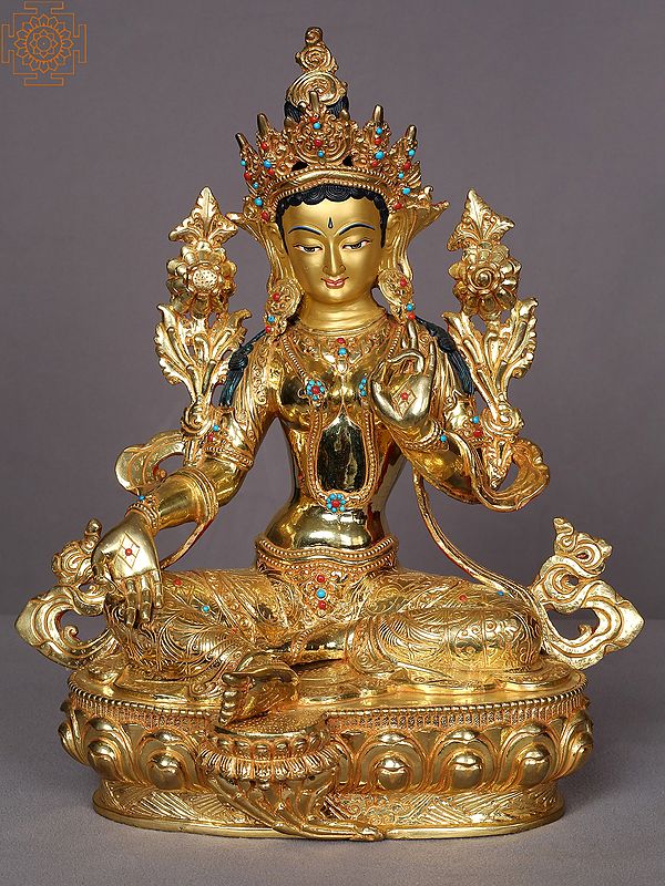 14" Goddess Green Tara Copper Statue from Nepal