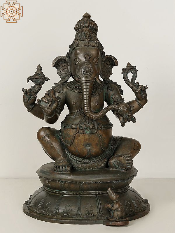 20" Four Armed Lord Ganesha Bronze Idol Seated on Pedestal Podium