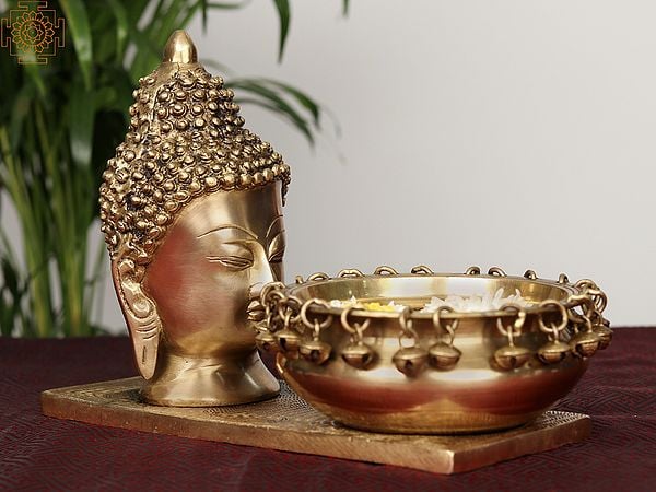 12" Brass Lord Buddha Head with Ghungroo Urli