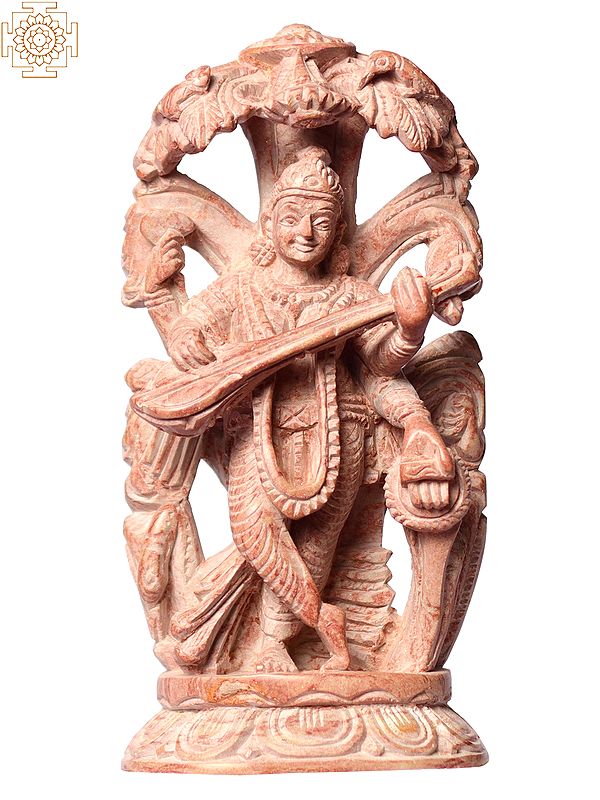 4" Small Standing Devi Saraswati Stone Statue Playing Veena