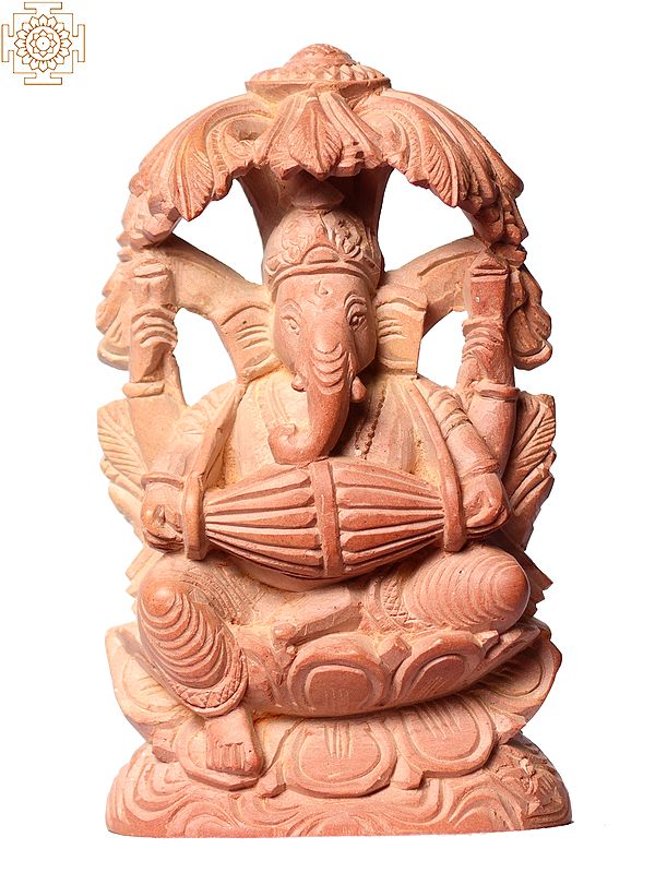 4" Small Lord Ganesha Pink Stone Statue Playing Dholak Seated Under Tree