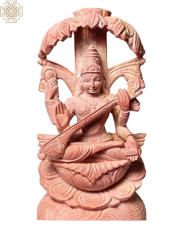 4" Small Goddess Saraswati Idol Seated Under Tree | Pink Stone Statue