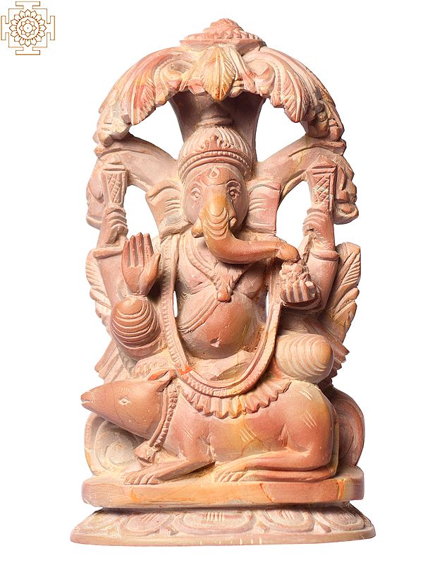 4" Small Lord Ganesha Pink Stone Statue Seated on Rat