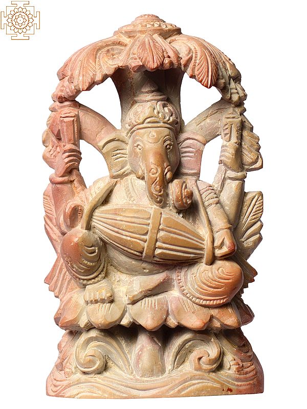 4" Small Musician Ganesha Playing Dholak – Pink Stone Sculpture