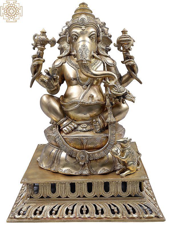 20" Bronze Sitting Chaturbhuja Lord Ganesha with Mushak