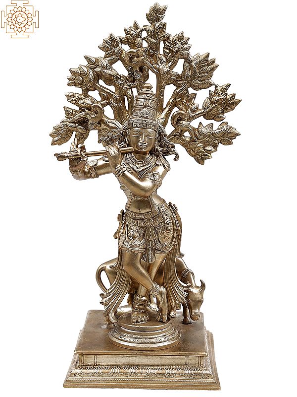 14" Superfine Lord Krishna Idol Playing Flute Under Tree with Cow