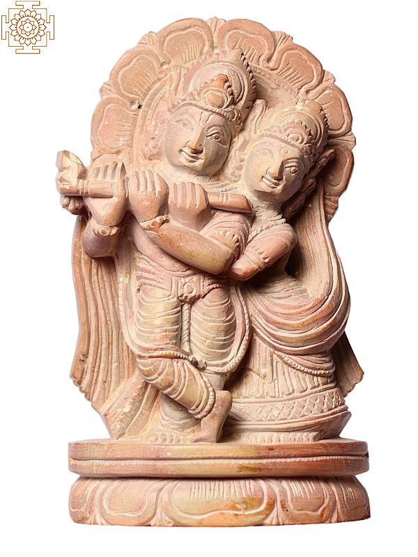 4" Lord Krishna Playing Flute With Radha | Small Pink Stone Statue