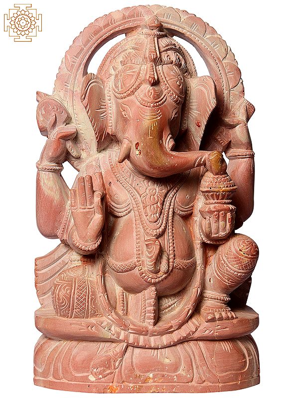 8" Lord Ganpati Idol Carved in Premium Pink Stone