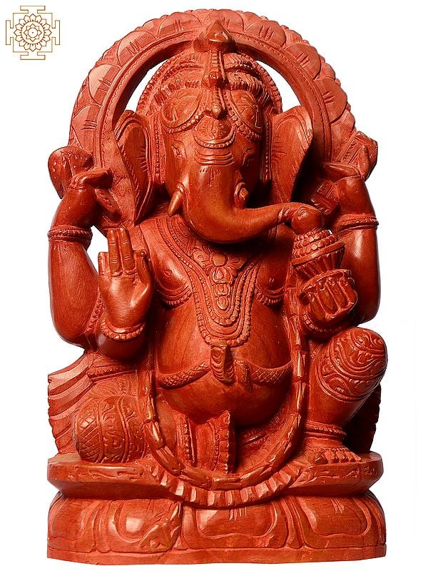 8" Red Stone Ganesha Sculpture - Sits in his Traditional Pose