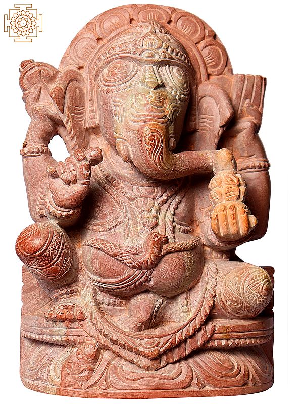 8" Carved Pink Stone Sculpture of Lord Ganesha