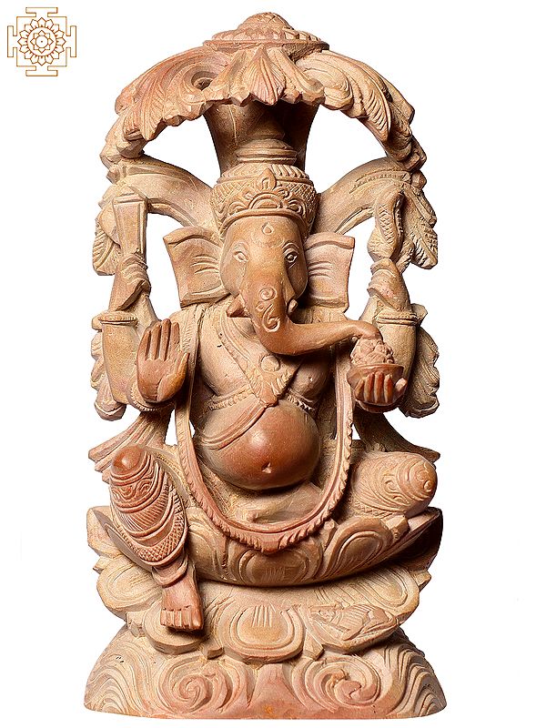 6" God Ganesha Pink Stone Idol Nestled under Chattravali