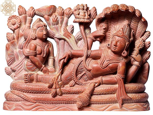 6" Hindu Deities Anantashayana Vishnu and Lakshmi Pink Stone Statue