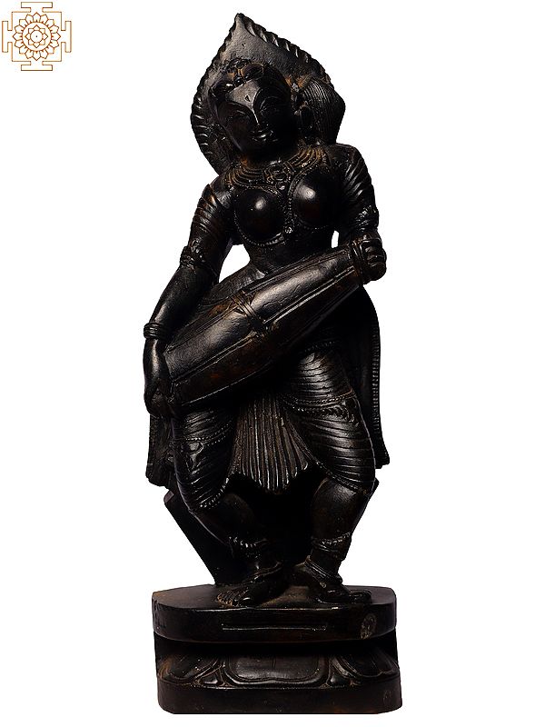 10" Dancing Apsara Black Granite Stone Statue