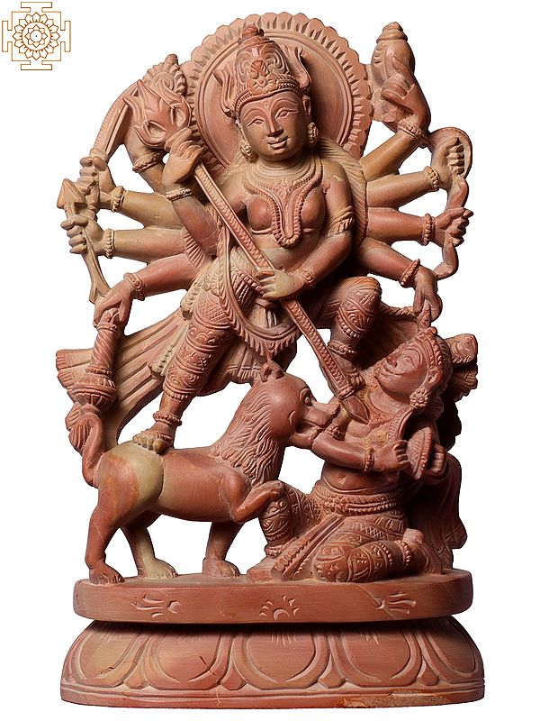 8" Ten-Armed Goddess Durga Pink Stone Statue