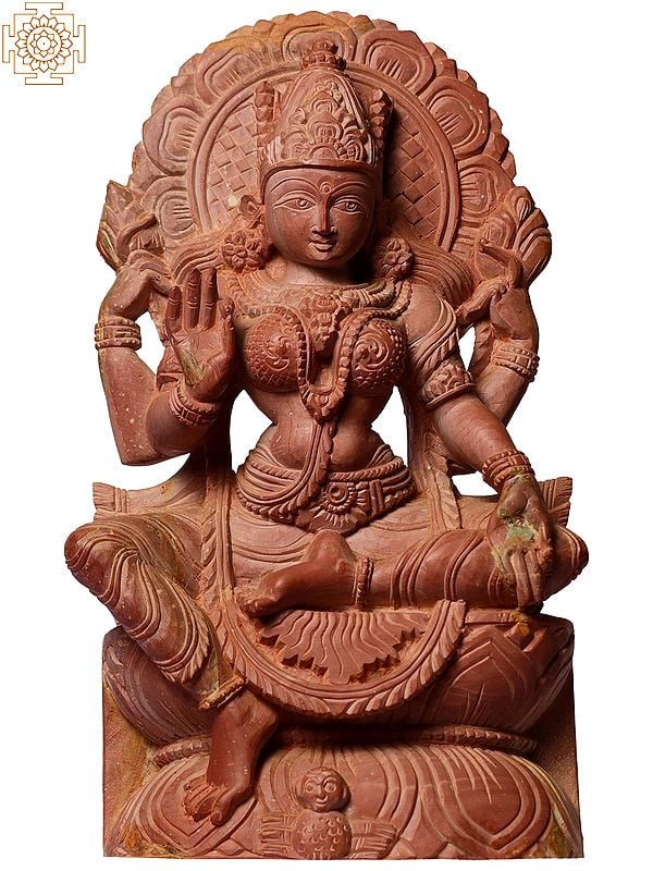 8" Goddess Lakshmi Sitting on Pedestal | Pink Stone Sculpture
