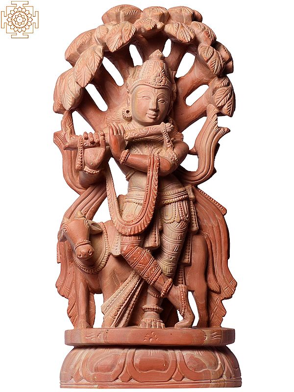 10" Standing Krishna Idol with Flute | Pink Stone Statue