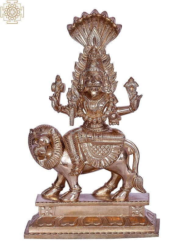 7" Goddess Pratyangira (Atharvana Bhadrakali) Bronze Statue Seated on Lion