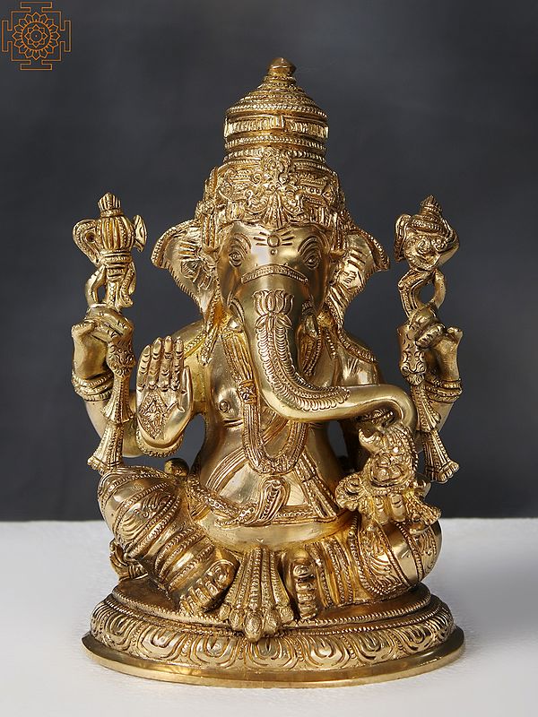 9" Brass Four Armed Sitting Lord Ganesha