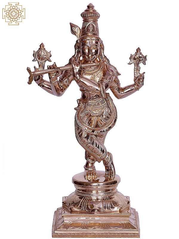 12" Four-Armed Krishna Bronze Figurine Playing Flute