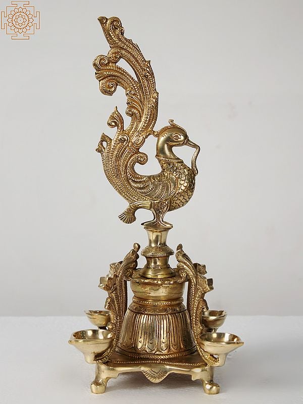 14" Four Wicks Peacock Lamp in Brass