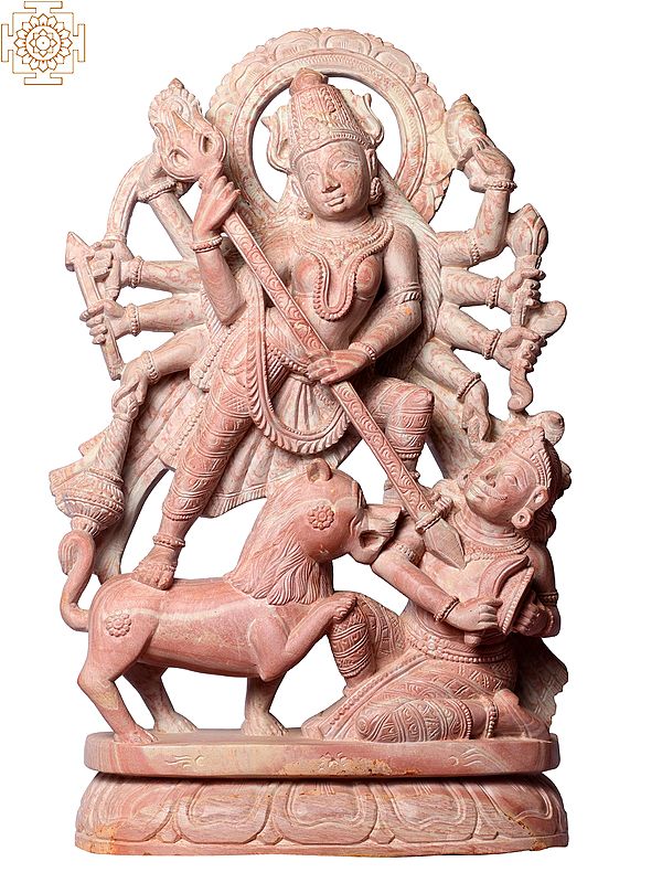 15" Goddess Durga Stone Statue Killing Demon Mahishasura