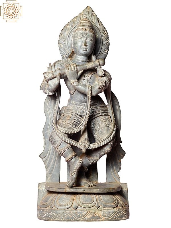 17" Hindu God Shri Krishna Playing Flute In Green Stone